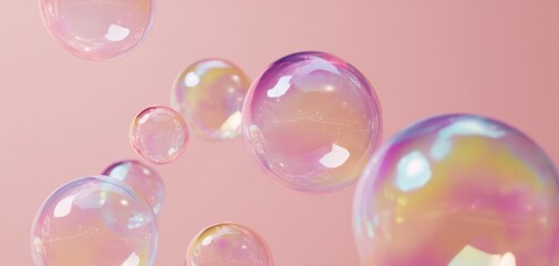The Beautiful Iridescent Bubbles Floating Against a Soft Pink Background