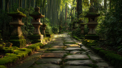 A stone-paved path winds through a peaceful, sun-dappled forest, inviting hikers to explore the scenic surroundings.