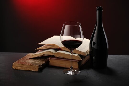Tasty wine and stacked books on dark table in red light, closeup