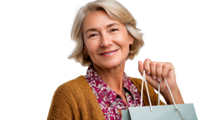 Smiling Shopper: A mature, sophisticated woman beams as she carries a shopping bag, hinting at a day of retail therapy and purchases. Expressing contentment and stylish grace.