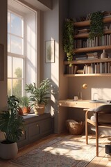 Cozy reading nook and study desk with sunlight filtering through large window. Aesthetic Study Room for Teens