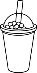 Outline drawing of a bubble tea cup with a domed lid and straw