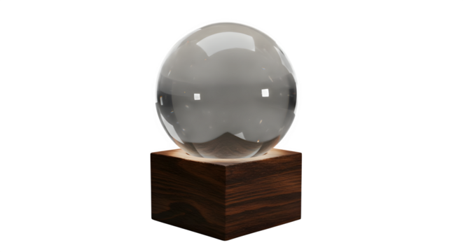 Grey glass sphere rests on wood base. Soft lighting. Use for product mockups, tech visualizations, luxury item displays.