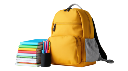 School Essentials: A vibrant yellow backpack stands beside a stack of colorful books and a pencil case filled with assorted colored pencils, all set against a minimalist backdrop.