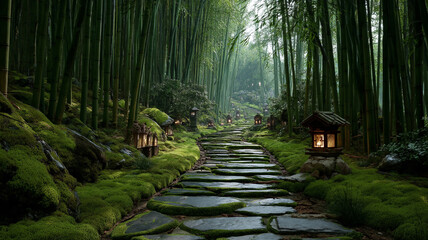 A dimly lit forest road at dusk, creating an atmospheric landscape of mystery and serene, deep woods.