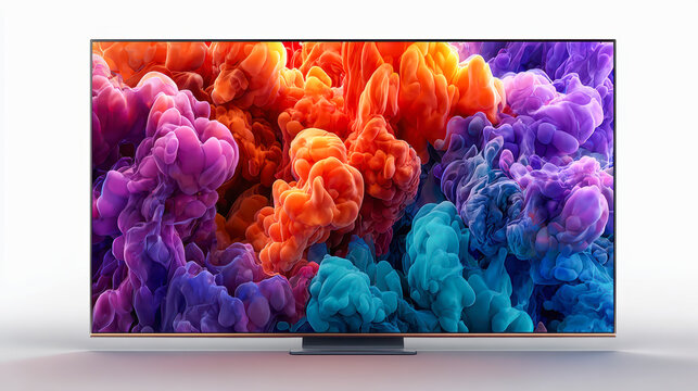 Modern television displaying vibrant, multicolored smoke clouds, showcasing high-definition and vivid color technology in a sleek design.