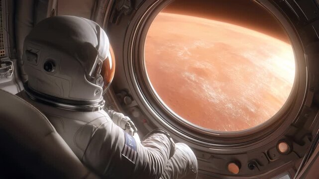 Astronaut in white spacesuit observing orange-toned Martian landscape through round spacecraft window. Detailed interior spacecraft details visible.