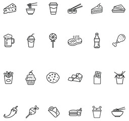 A collection of black silhouette icons representing various food and beverage items such as burger, coffee cup, fries, chicken drumstick, juice, sandwich, pizza, ice cream, and utensils. These icons a