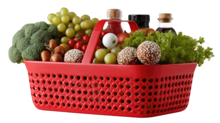 Fresh Basket of Bounty: A vibrant red basket overflowing with a delightful assortment of fresh produce and delicious treats. A colorful testament to nature's generosity.