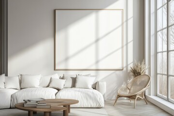 Sunlit modern living room with large blank canvas and cozy seating
