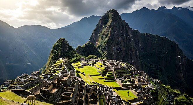 Majestic Machu Picchu: Llama, Andes Mountains, Inca Citadel, Dramatic Lighting