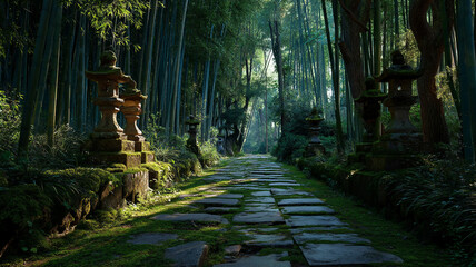 A captivating landscape of a winding road cutting through the heart of a dense, green forest.