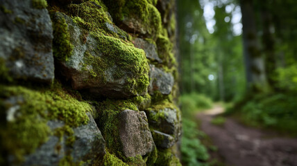 A macro shot of a moss-covered wall, revealing intricate textures and vibrant green details of the natural growth.