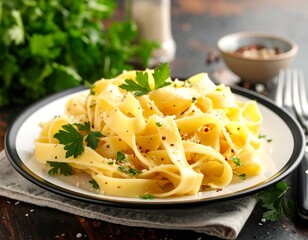 Buttery pasta dish, garnished with parsley and cheese, sits on a plate