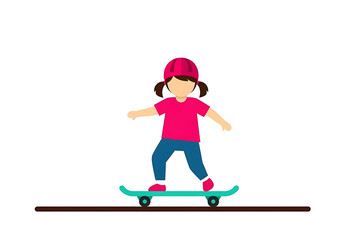 Young girl skateboarding wearing a pink helmet and t-shirt on a sunny day