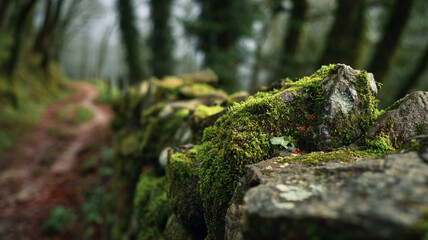 Detailed close-up of moss-covered rocks, highlighting the vibrant green moss and rough, natural stone surfaces.