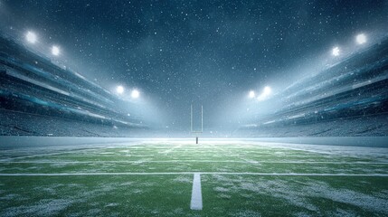 American Football Stadium Under Snow: An empty stadium field under heavy snowfall with stadium lights