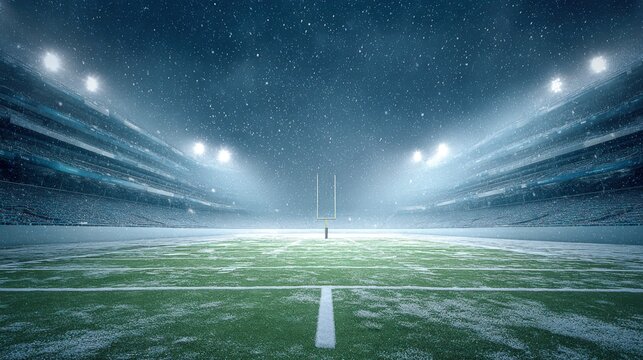 American Football Stadium Under Snow: An empty stadium field under heavy snowfall with stadium lights