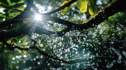 Beams of light pierce through the dense leaves of trees, creating a dramatic, ethereal atmosphere in the forest.