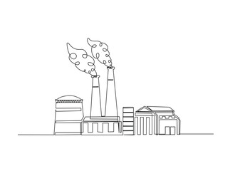 Industrial plant construction in single outline illustration. Continuous line art drawing of factory building area.