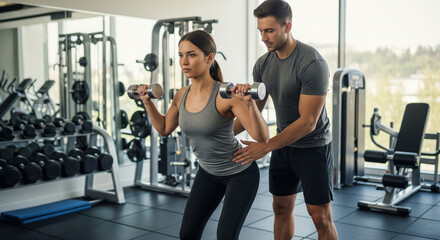 A young woman is training with dumbbells with a professional personal trainer who supports her and monitors the correctness of the exercises in the gym