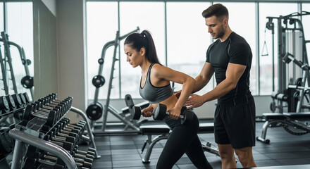 Fototapeta premium A young woman is training with dumbbells with a professional personal trainer who supports her and monitors the correctness of the exercises in the gym
