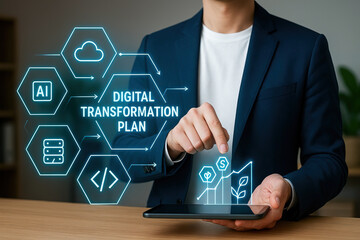 Digital transformation plan concept with futuristic holographic interface showing AI, cloud, coding, and data icons held by businessman in suit, symbolizing innovation and technology progress