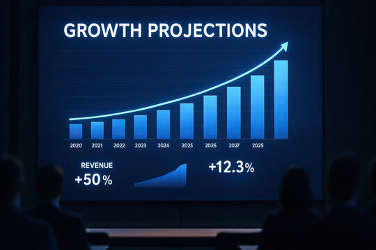 Growth projections chart with increasing bar graph and upward arrow showing revenue growth of percent, business presentation with audience in dark room