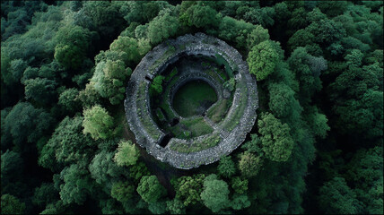 An aerial view of an ancient structure partially reclaimed by the surrounding forest, symbolizing time and nature.