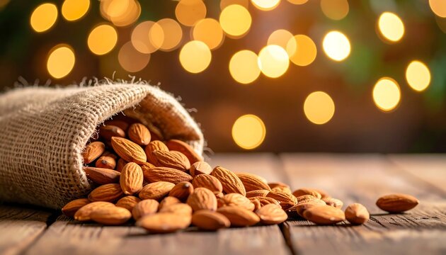 Burlap sack overflowing with almonds spills onto a rustic wooden surface against a bokeh background