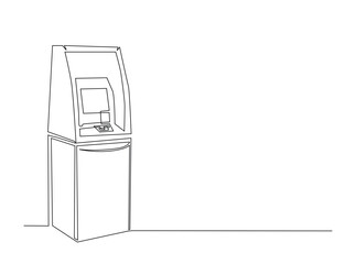 ATM machine in single outline illustration. Continuous line art drawing of automated teller machine for business and finance concept.