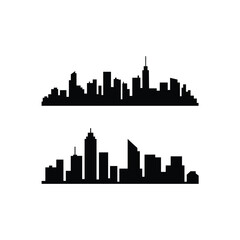 Naklejka premium Modern Cityscape Silhouette Illustration: Black and White Skyline Designs for Urban Projects and Architectural Visuals, Perfect for Digital Artwork and Graphic Design