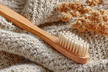 Wooden bamboo toothbrush on knitted background high resolution picture