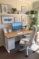 Modern home office with dual monitors and natural light from large window. Ergonomic Home Study Setup, interior workspace concept