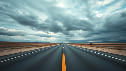 Panoramic view of an empty road under cloudy skies, capturing a serene and open landscape.