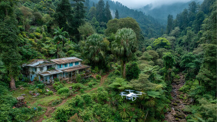 An old house surrounded by a dense forest, creating a tranquil and picturesque scene of rustic charm.