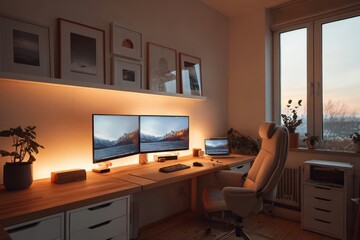 Modern home office with dual monitors and natural light from large window. Ergonomic Home Study Setup, interior workspace concept