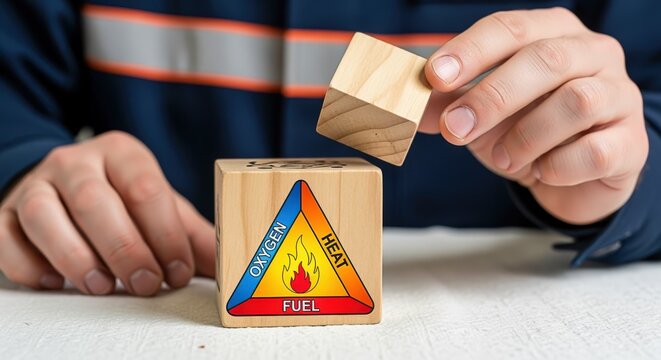 Fire safety education represented by wooden blocks illustrating the fire triangle concept held by hands