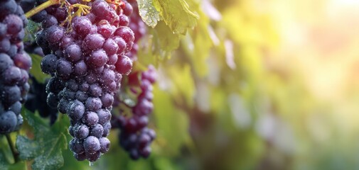 The clusters of fresh grapes glistening in morning sunlight on the vine.