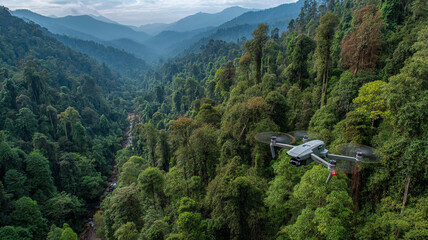A sweeping landscape view of a vast forest bordered by majestic mountains, a perfect harmony of nature.