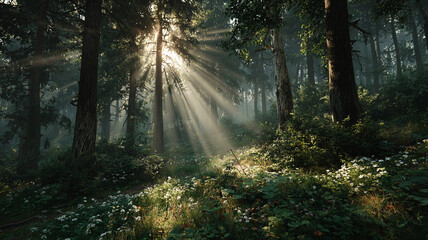 A vibrant forest background with sparkling light, creating a magical and luminous ambiance in nature.