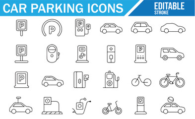 Editable icons for car parks, bicycle racks, and parking signs for urban transportation designs.