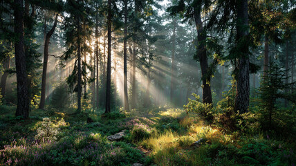 Sunlight peeking through the tree branches, creating a beautiful and serene pattern of light and shadow.