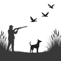 Hunter with dog and shotgun aims at flying birds in marsh
