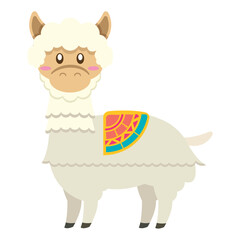 Cute llama with colorful saddle. Vector