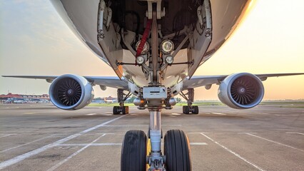 Detailed front shot of airplane nose gear and engines aligned symmetrically on airport taxiway © Sarmiko.id