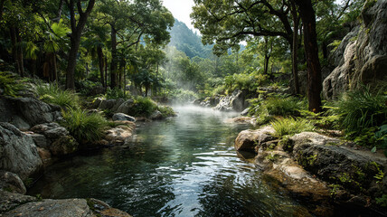 A scenic river meanders through the heart of a dense forest, a perfect background for nature themes.