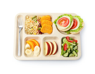 Plastic tray with tasty food and fork isolated on white, top view. School lunch
