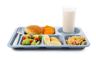 Plastic tray with tasty food, milk and fork isolated on white. School lunch