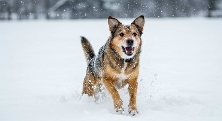 Naklejka premium Dog runs through snowy field with trees blurred in the background.